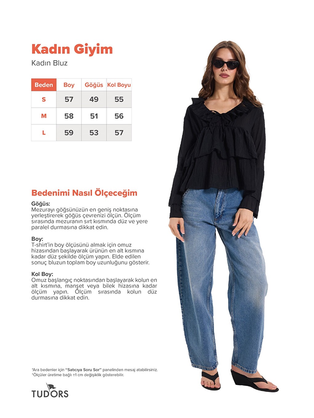 Kadın Slim Fit Dar Kesim V Yaka fırfır Detaylı Uzun Kol Siyah Bluz-2