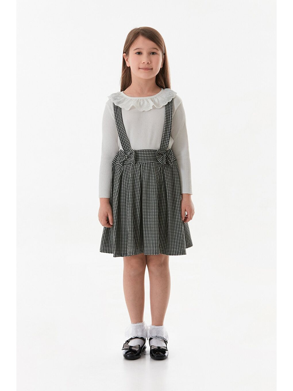 Siyah Kazayağı Desenli Kız Çocuk Salopet Takım-1