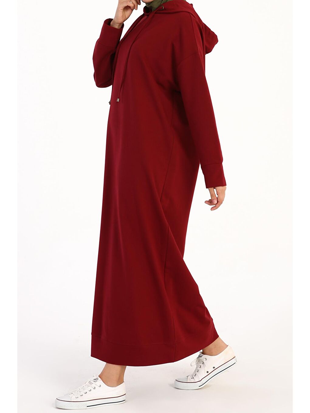 Bordo Basic Kapüşonlu Örme Pamuklu Elbise-3