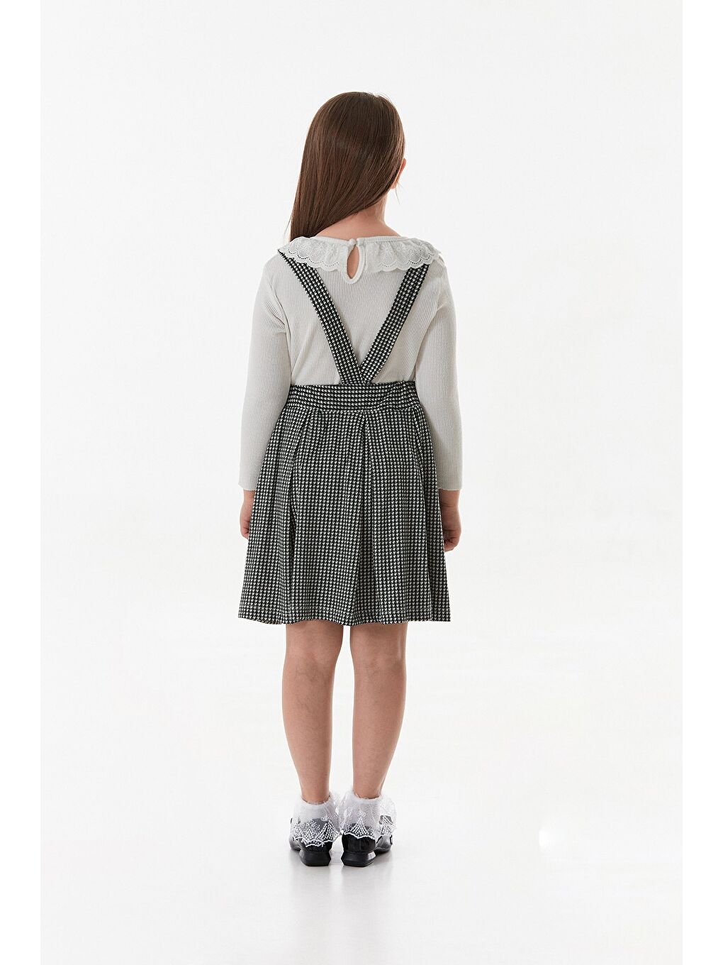 Siyah Kazayağı Desenli Kız Çocuk Salopet Takım-3