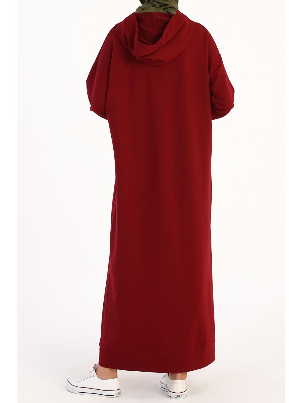 Bordo Basic Kapüşonlu Örme Pamuklu Elbise-4