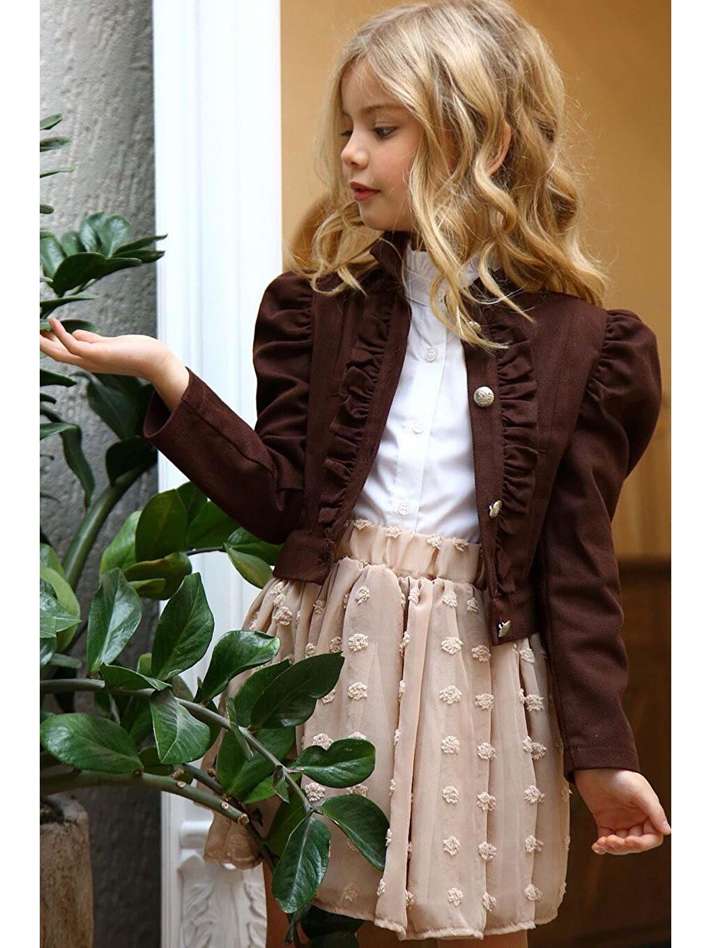 Kız Çocuk Puantiyeli Etek ve Denim Ceketli Kahverengi Etekli Takım-1