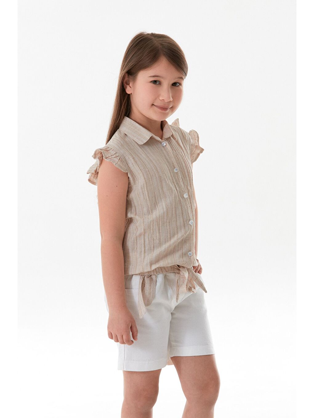 Bej Beli Bağlamalı Kolu Fırfırlı Şortlu Kız Çocuk Takım-2