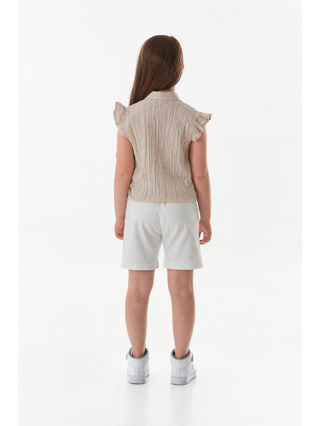 Bej Beli Bağlamalı Kolu Fırfırlı Şortlu Kız Çocuk Takım-3