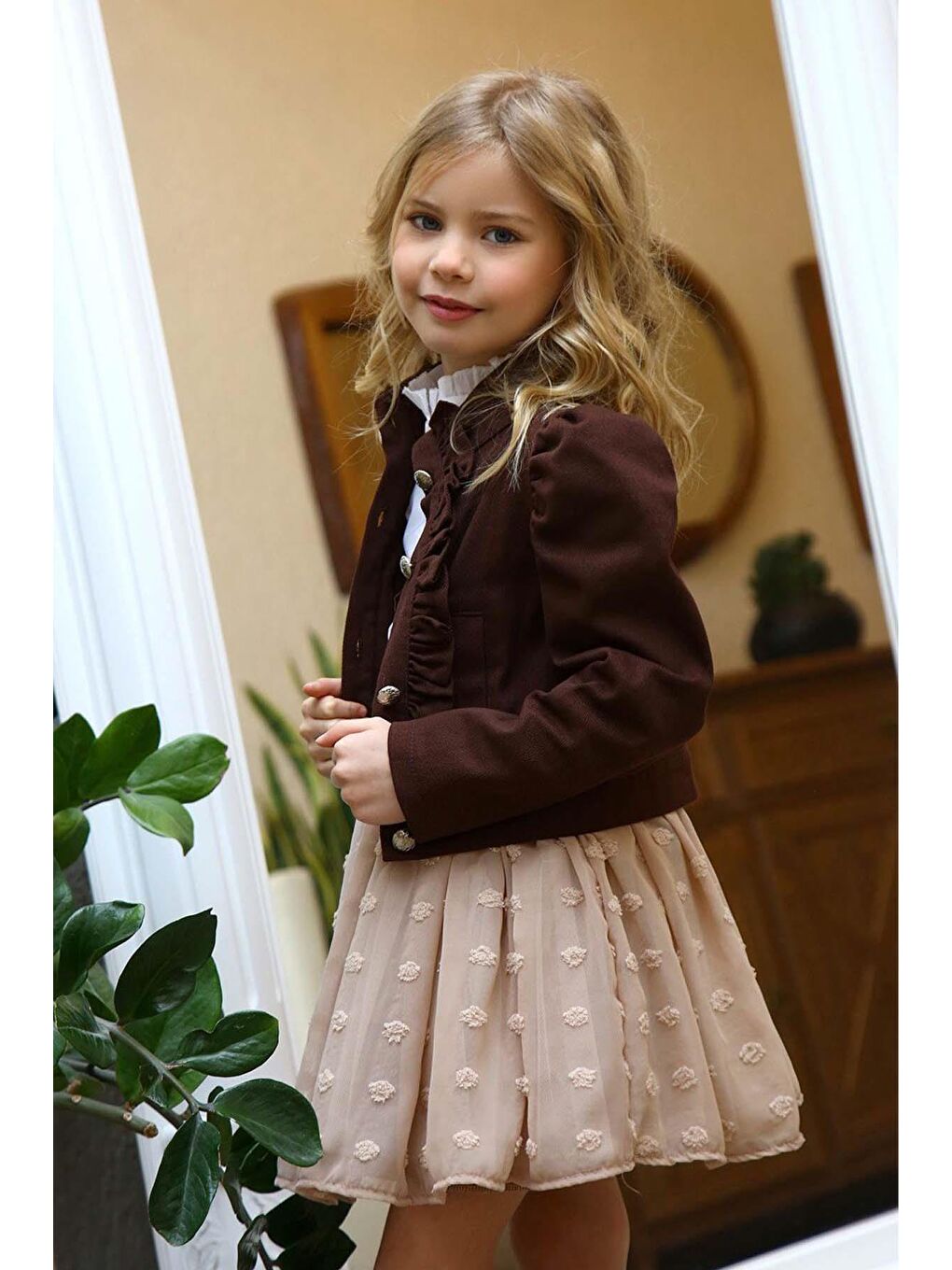 Kız Çocuk Puantiyeli Etek ve Denim Ceketli Kahverengi Etekli Takım-2