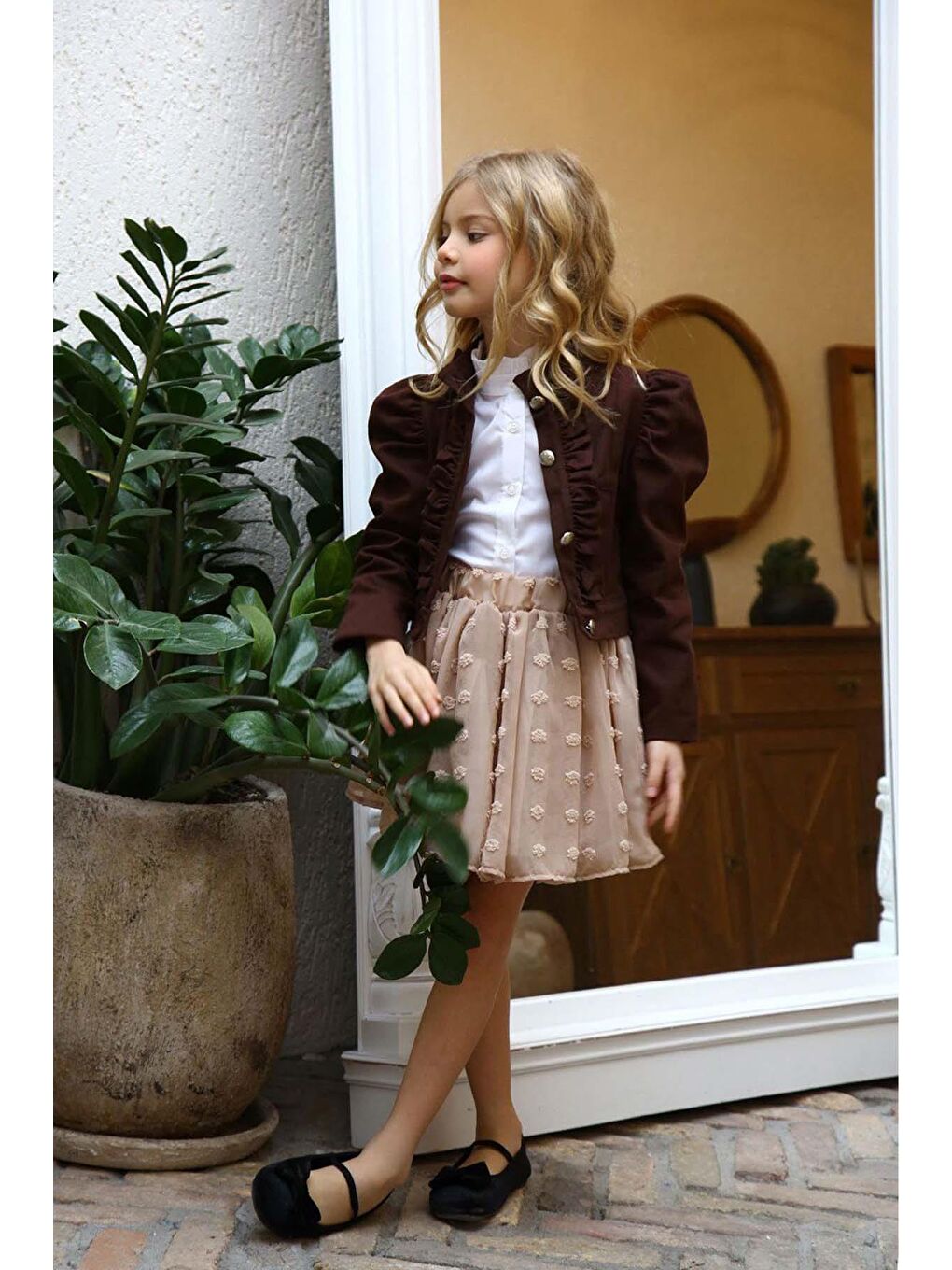 Kız Çocuk Puantiyeli Etek ve Denim Ceketli Kahverengi Etekli Takım-3