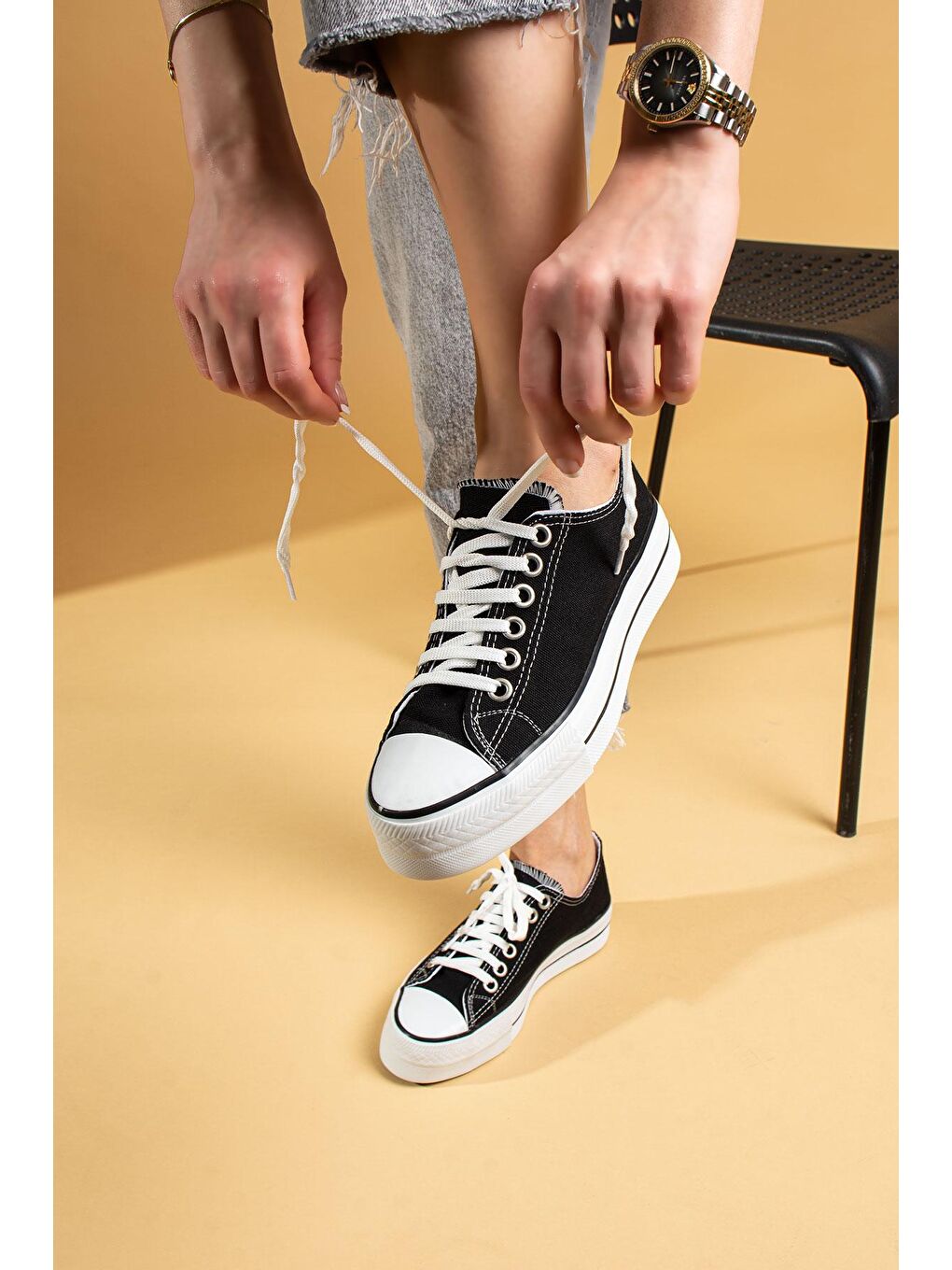 Yeşil Rahat Kalın Taban Bağcıklı Keten Kadın Sneaker 10-9999-22-5