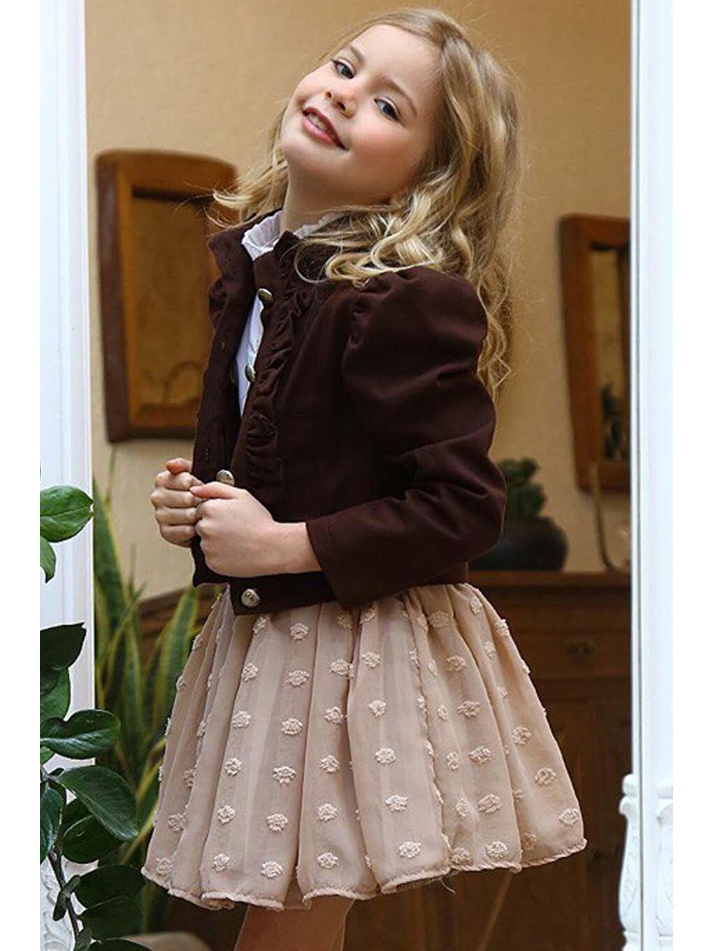 Kız Çocuk Puantiyeli Etek ve Denim Ceketli Kahverengi Etekli Takım-4