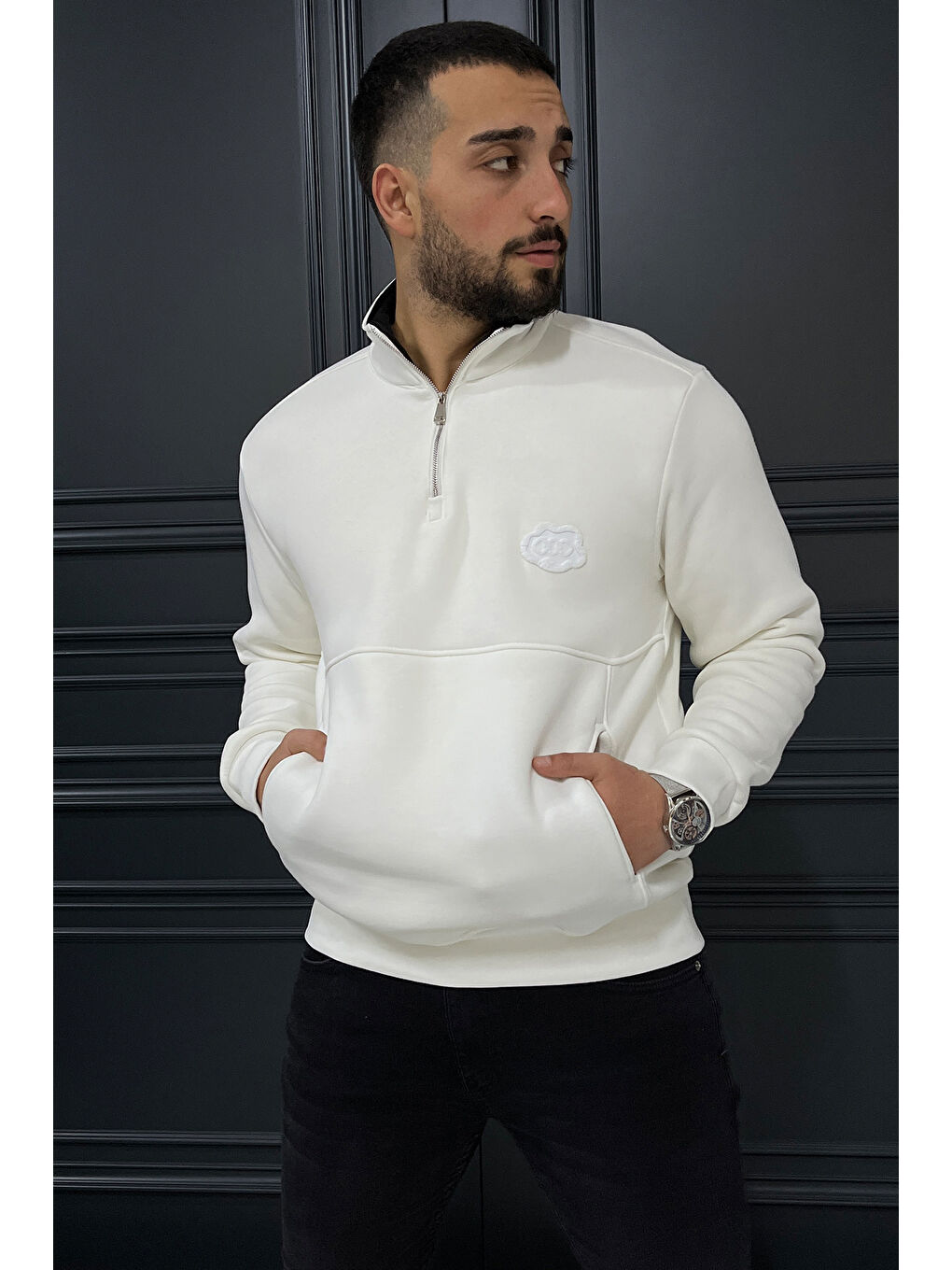 Beyaz Yarım Fermuarlı Cepli Double Face Erkek Sweatshirt-1