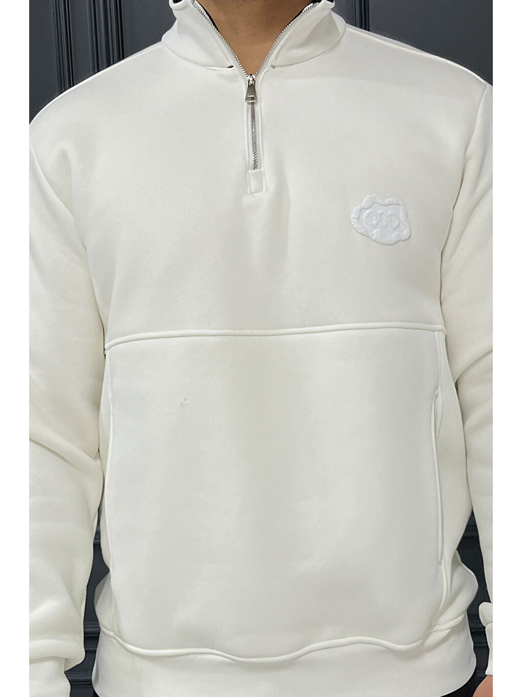 Beyaz Yarım Fermuarlı Cepli Double Face Erkek Sweatshirt-3
