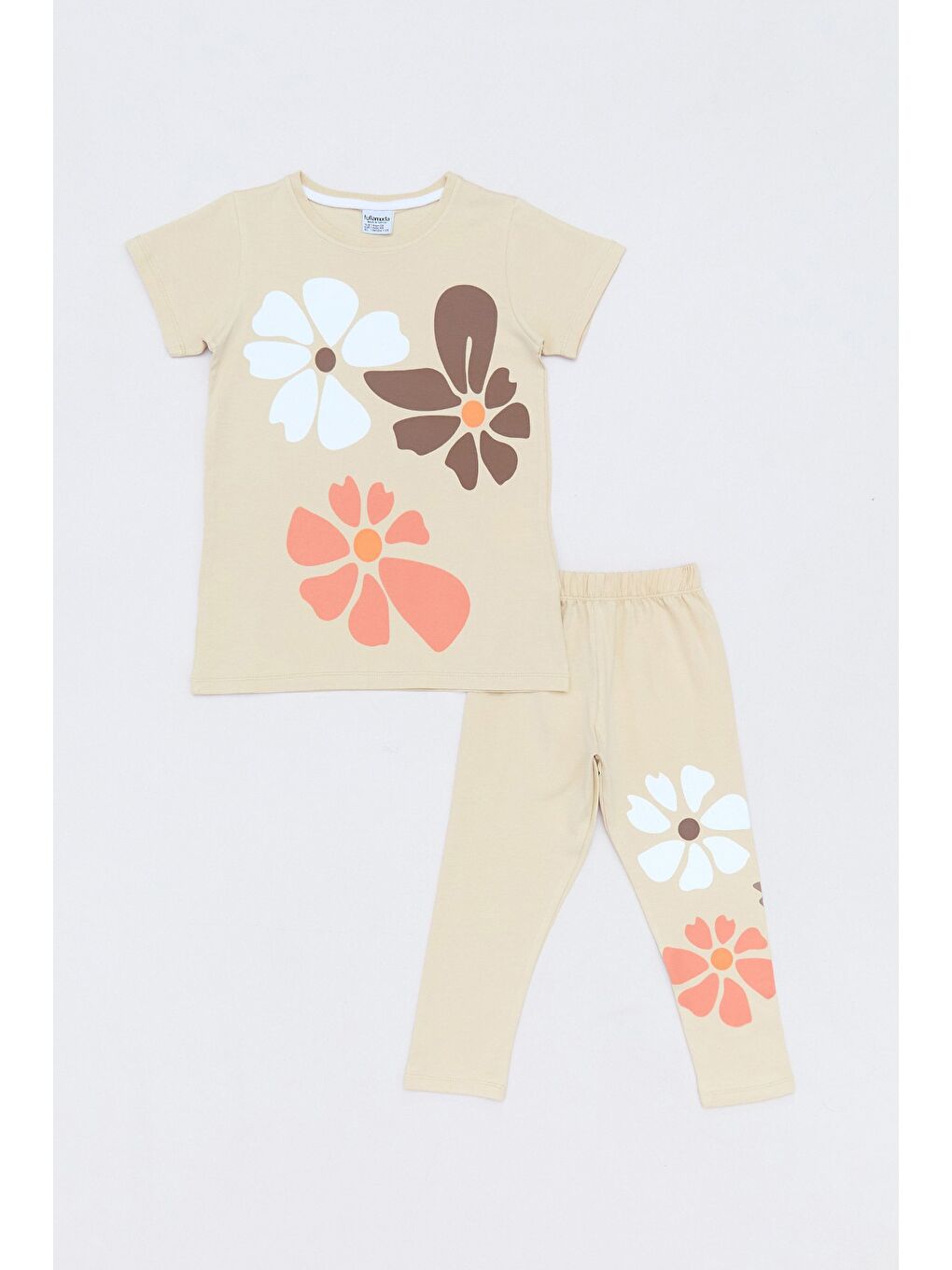 Bej Çiçek Baskılı Taytlı Kız Çocuk Takım