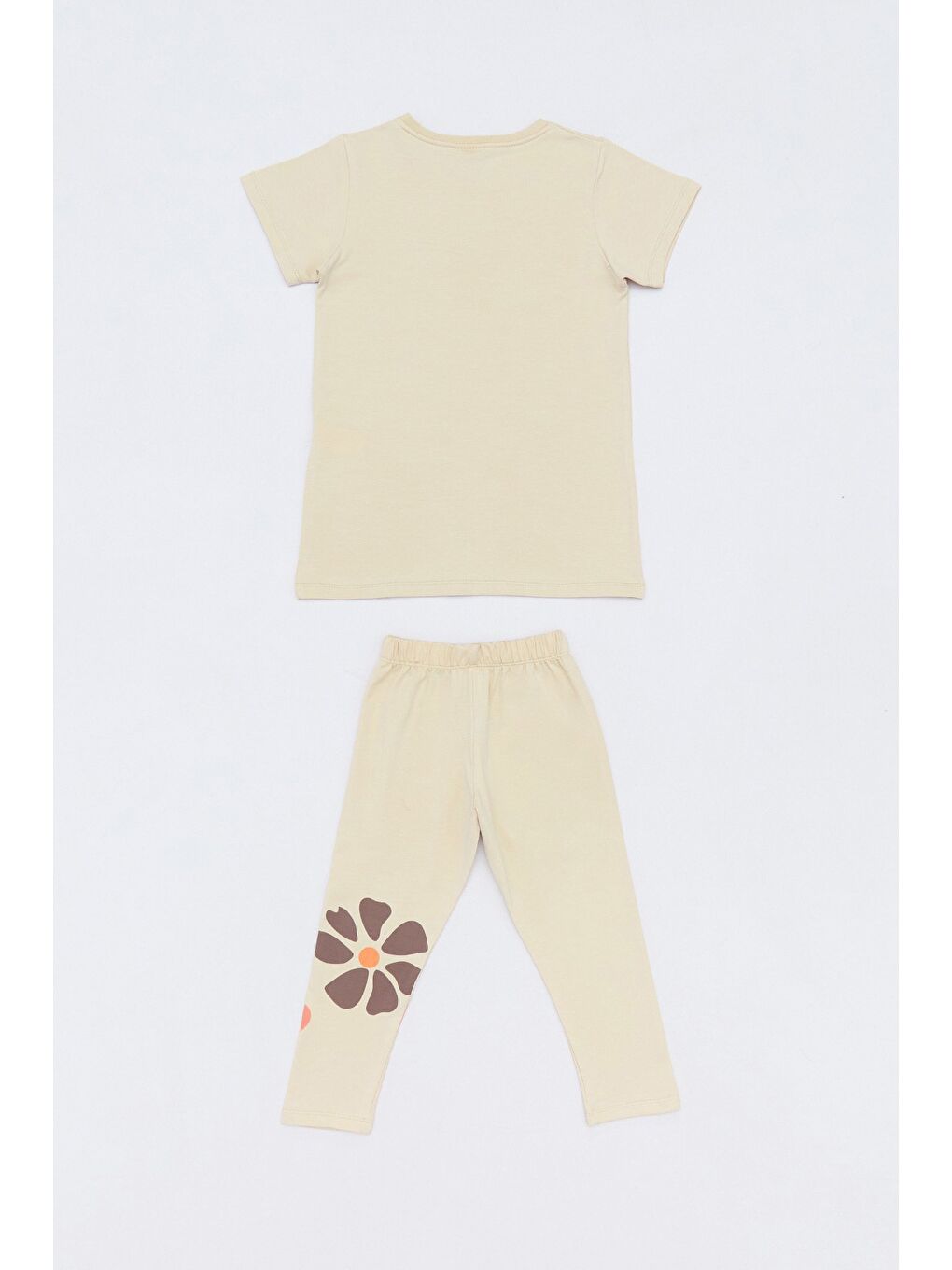 Bej Çiçek Baskılı Taytlı Kız Çocuk Takım-1