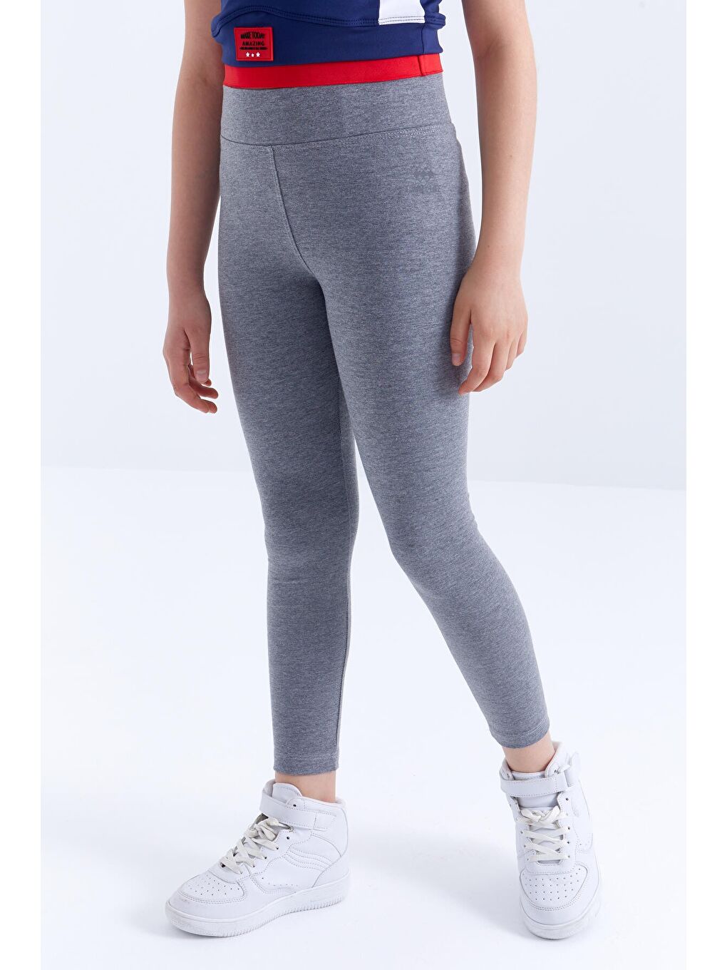 TOMMYLIFE Gri Melanj Yüksek Bel Dar Paça Kız Çocuk Tayt  - 75047 - 1