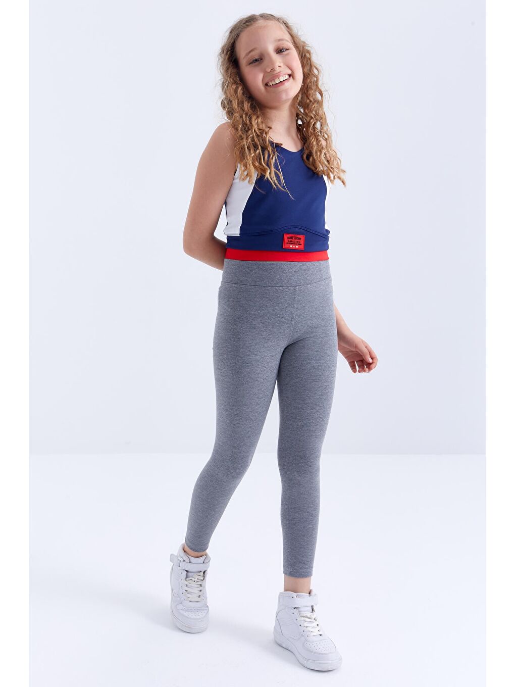 TOMMYLIFE Gri Melanj Yüksek Bel Dar Paça Kız Çocuk Tayt  - 75047 - 2