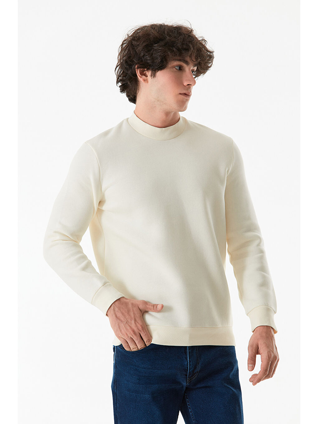 Fullamoda Ekru Basic Bisiklet Yaka Sweatshirt - 1