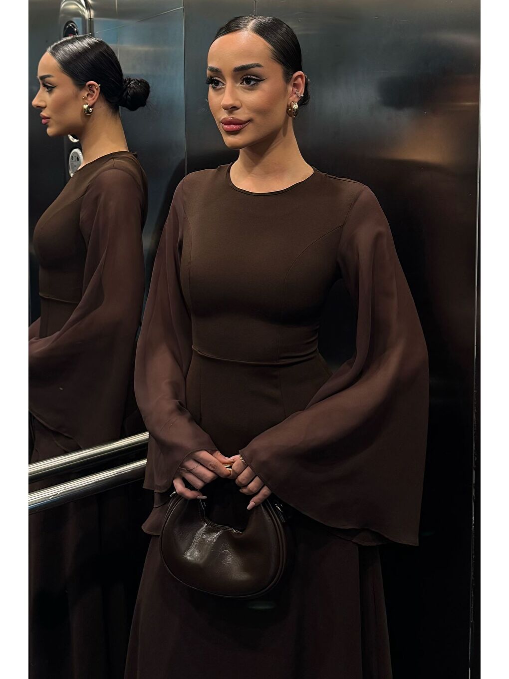 Kahverengi Kadın İspanyol Kol Fırfırlı Sırt Bağlama Detaylı Şifon Abiye-2