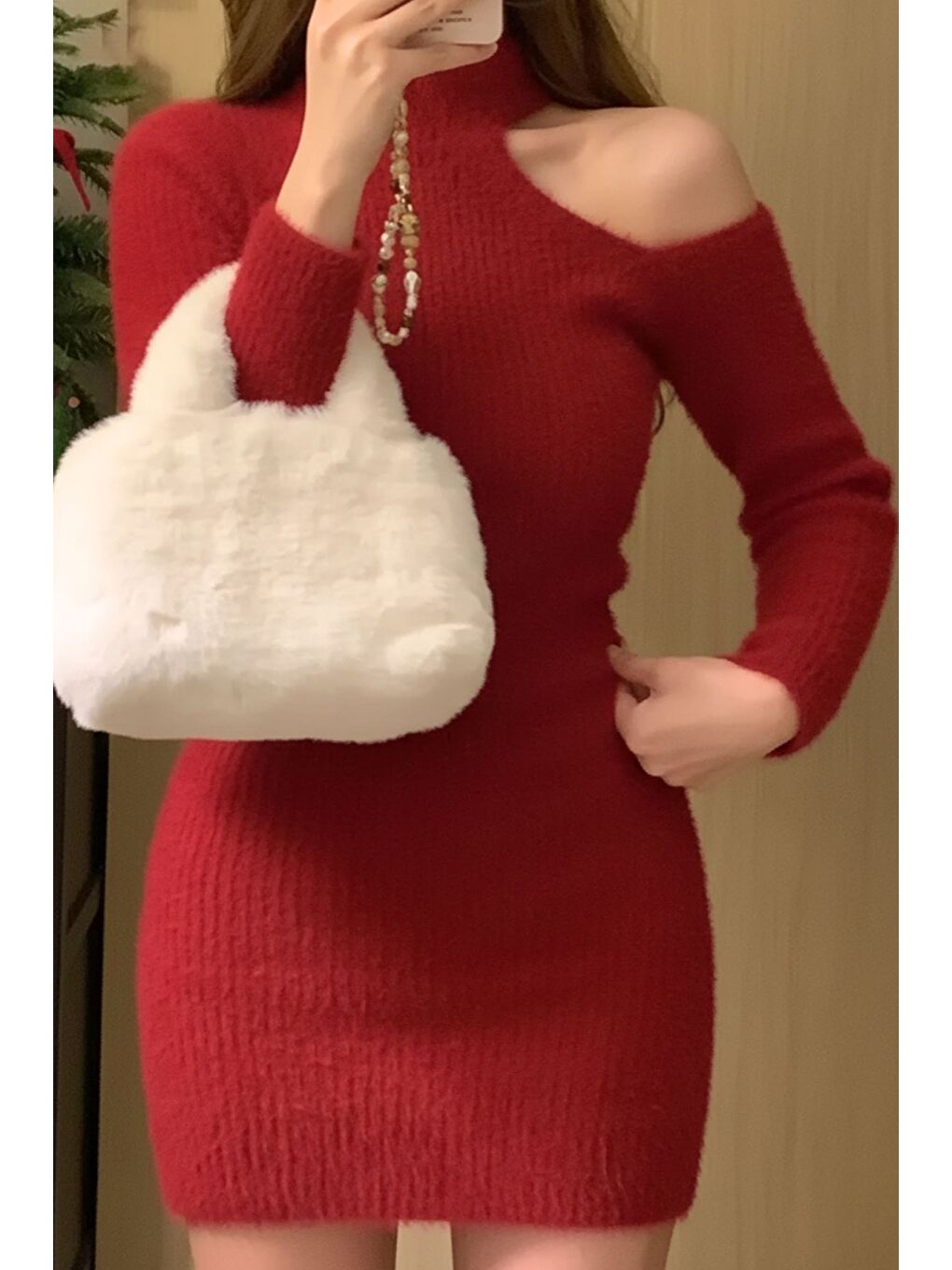 Kırmızı Tek Omuz Dekolteli Angora Kumaş Triko Elbise-1