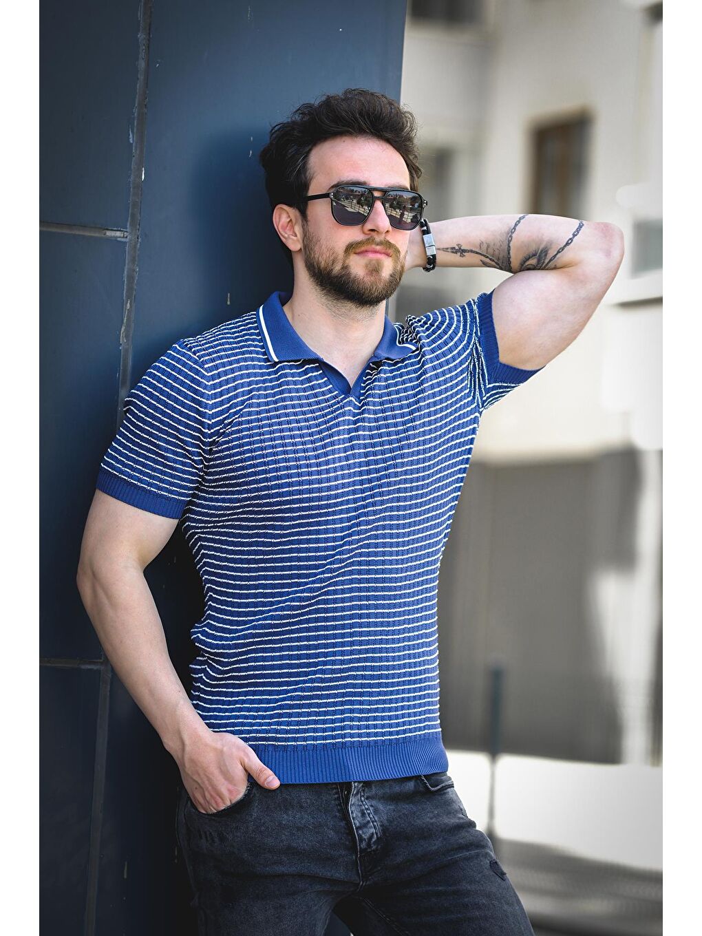 Mavi Mirko Çizgili Elastanlı Slim Fit Polo Yaka Örme Erkek Triko Tshirt
