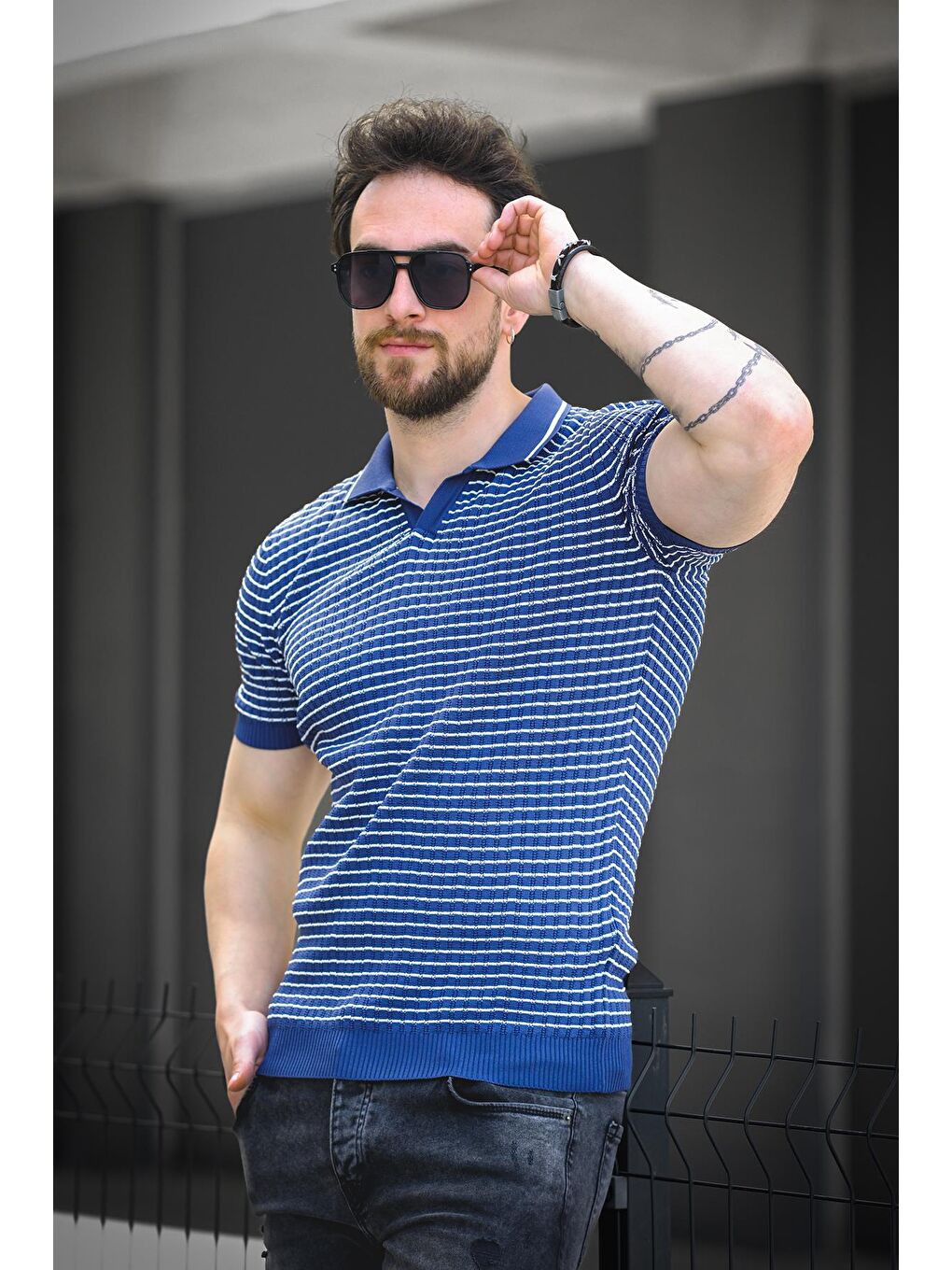 Mavi Mirko Çizgili Elastanlı Slim Fit Polo Yaka Örme Erkek Triko Tshirt-1