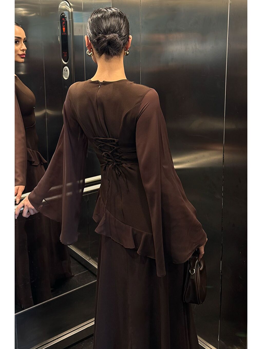 Kahverengi Kadın İspanyol Kol Fırfırlı Sırt Bağlama Detaylı Şifon Abiye-4