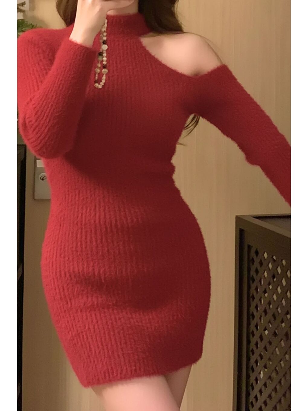 Kırmızı Tek Omuz Dekolteli Angora Kumaş Triko Elbise-2