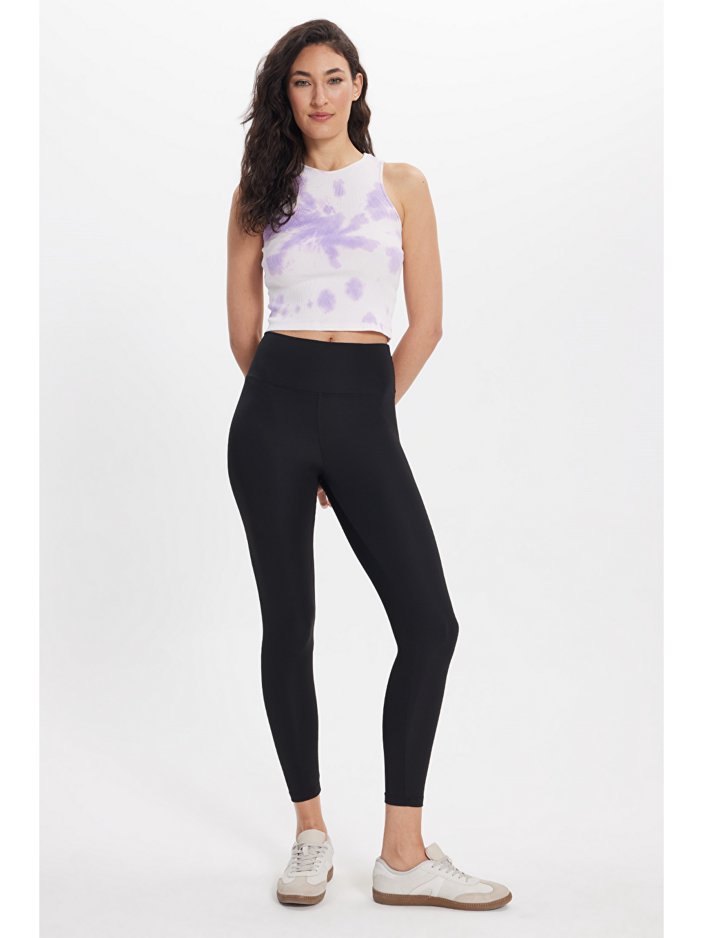 Kadın Slim Fit Dar Kesim %100 Pamuk Kolsuz Askılı Bisiklet Yaka Baskılı Lila Crop-1
