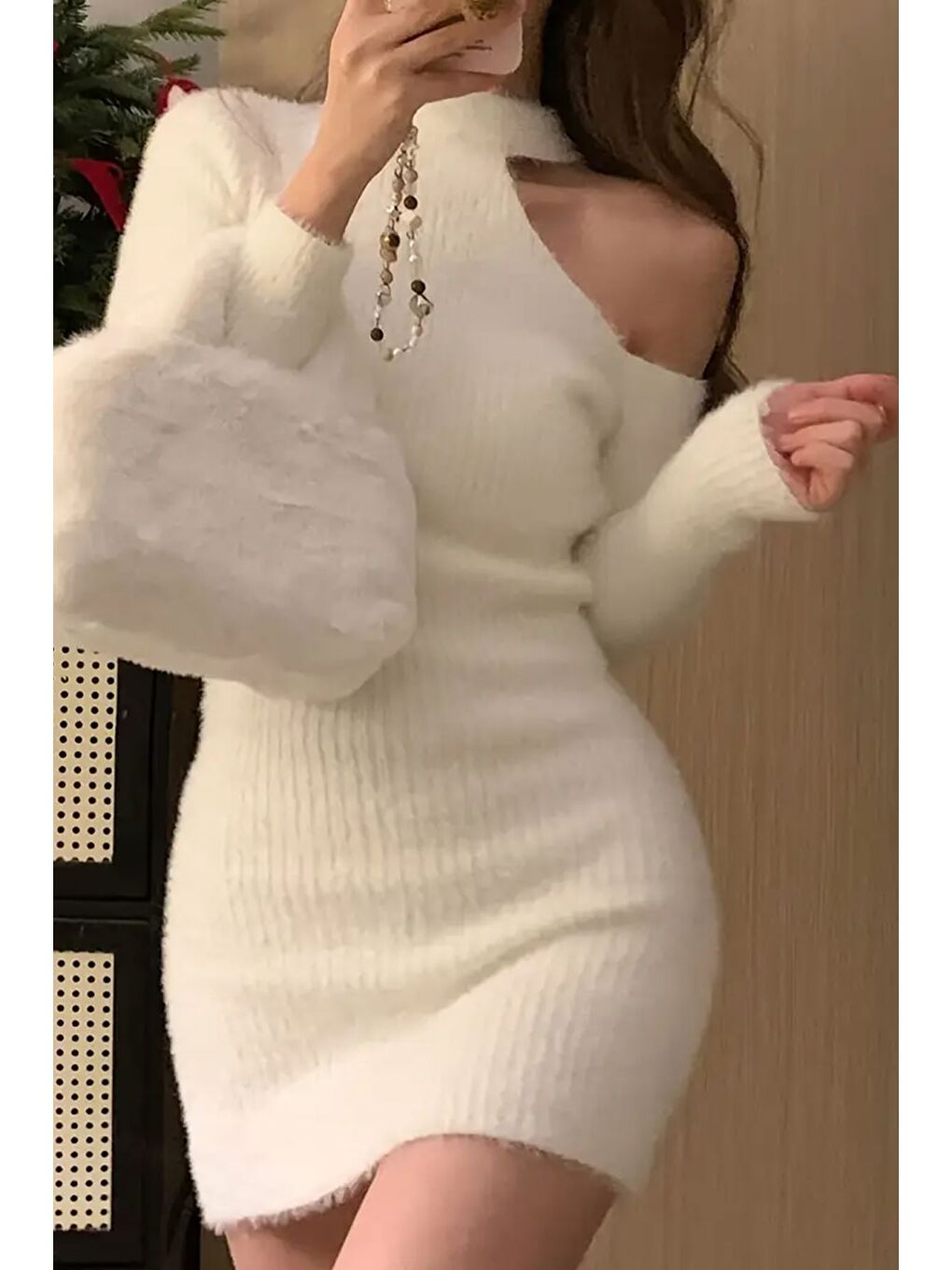 Ekru Tek Omuz Dekolteli Angora Kumaş Triko Elbise-1