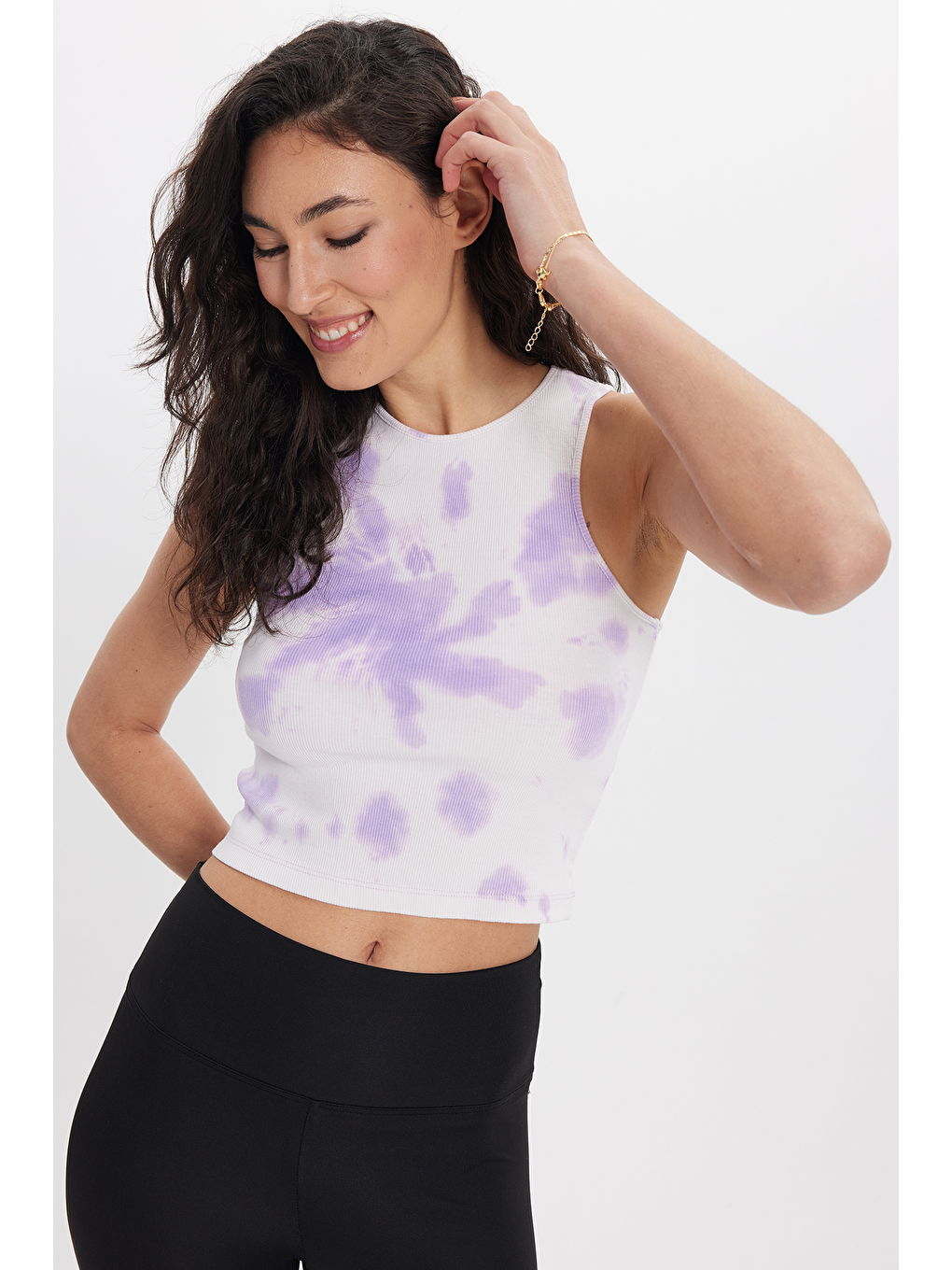 Kadın Slim Fit Dar Kesim %100 Pamuk Kolsuz Askılı Bisiklet Yaka Baskılı Lila Crop-3