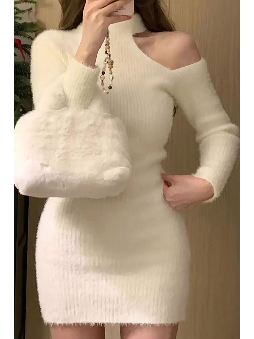 Ekru Tek Omuz Dekolteli Angora Kumaş Triko Elbise-2