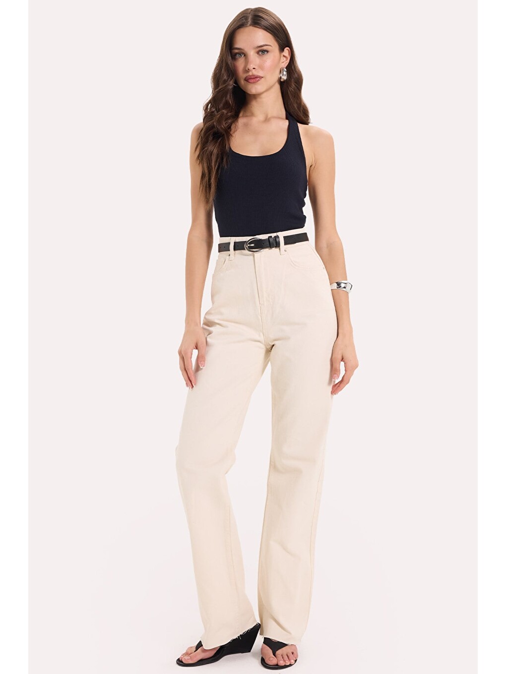 Kadın Slim Fit Dar Kesim Pamuklu Halter Yaka Kaşkorse Lacivert Crop-1