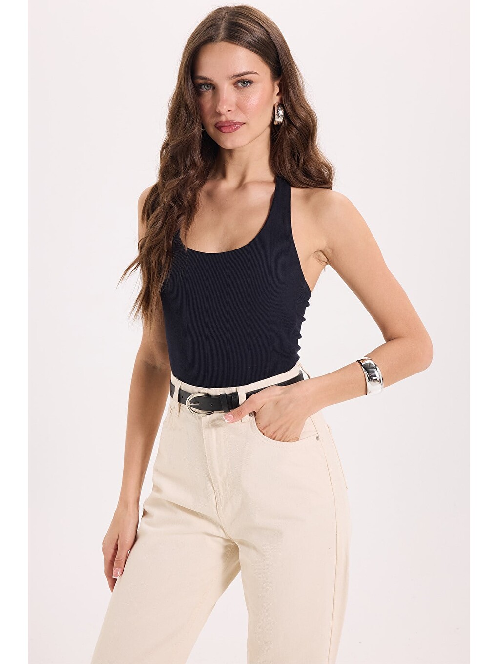 Kadın Slim Fit Dar Kesim Pamuklu Halter Yaka Kaşkorse Lacivert Crop-2