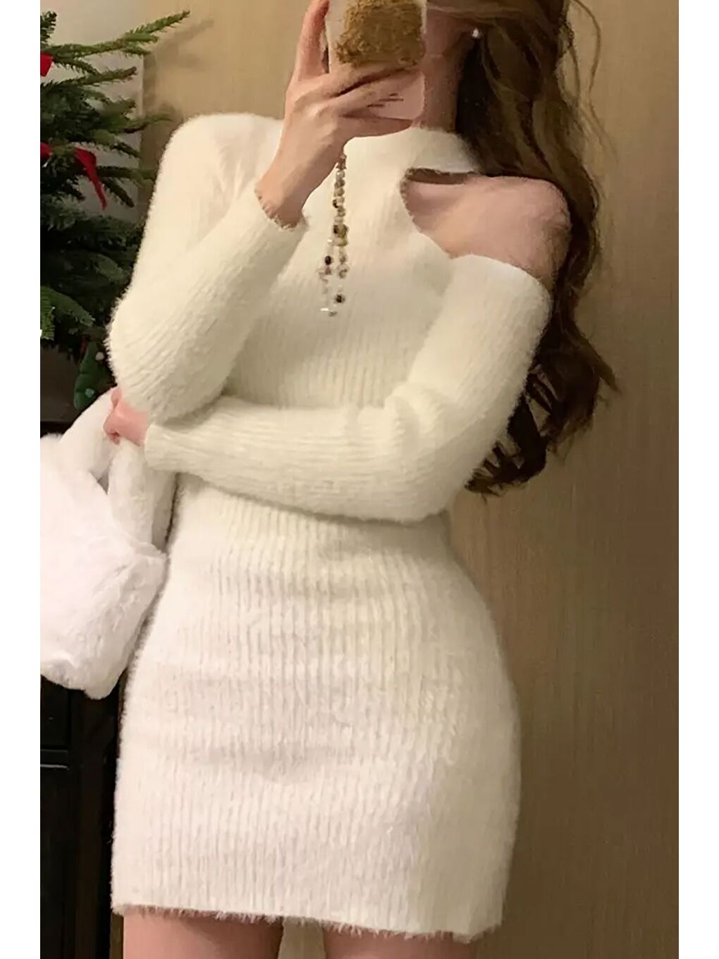 Ekru Tek Omuz Dekolteli Angora Kumaş Triko Elbise-3