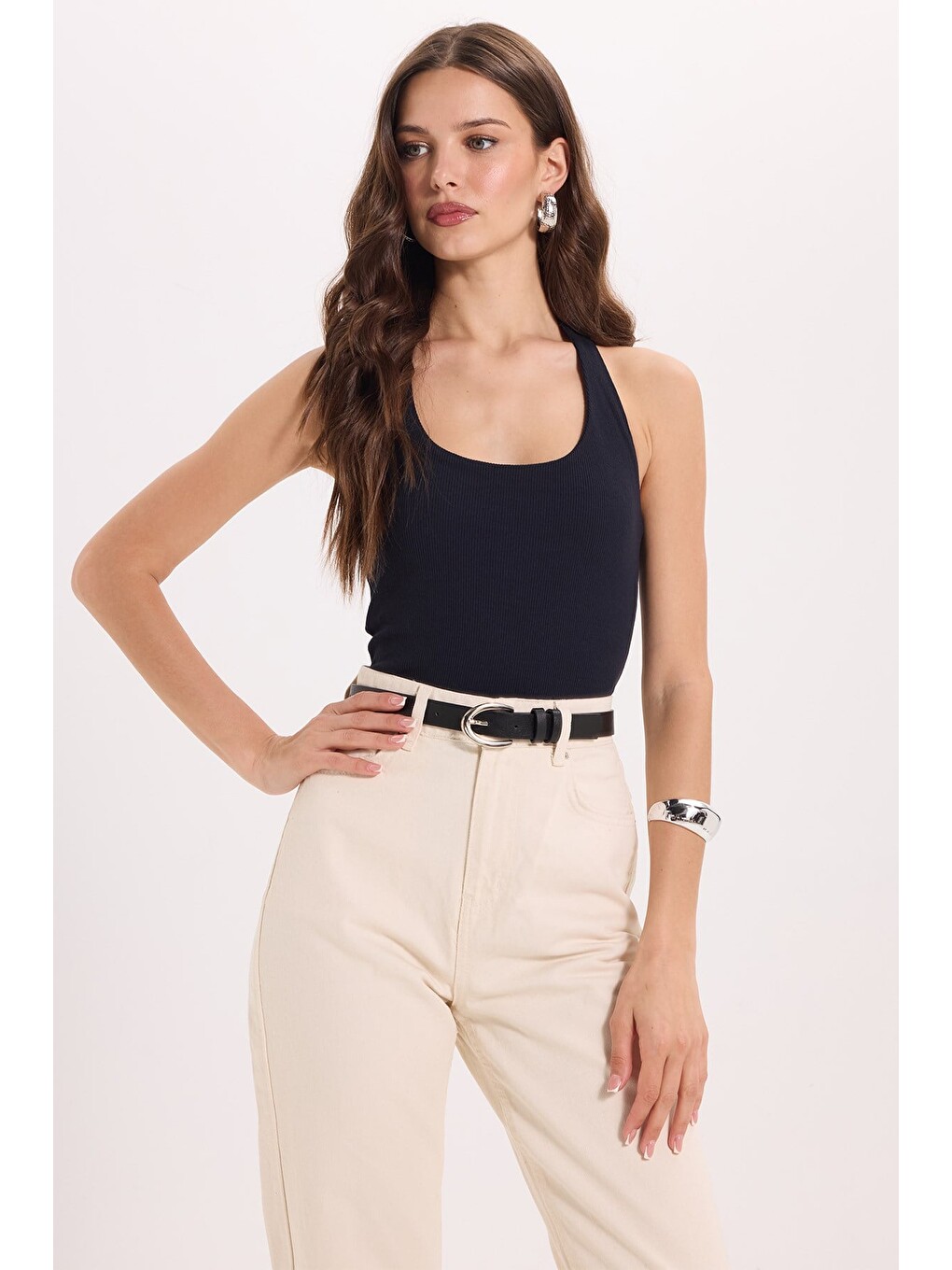 Kadın Slim Fit Dar Kesim Pamuklu Halter Yaka Kaşkorse Lacivert Crop-3
