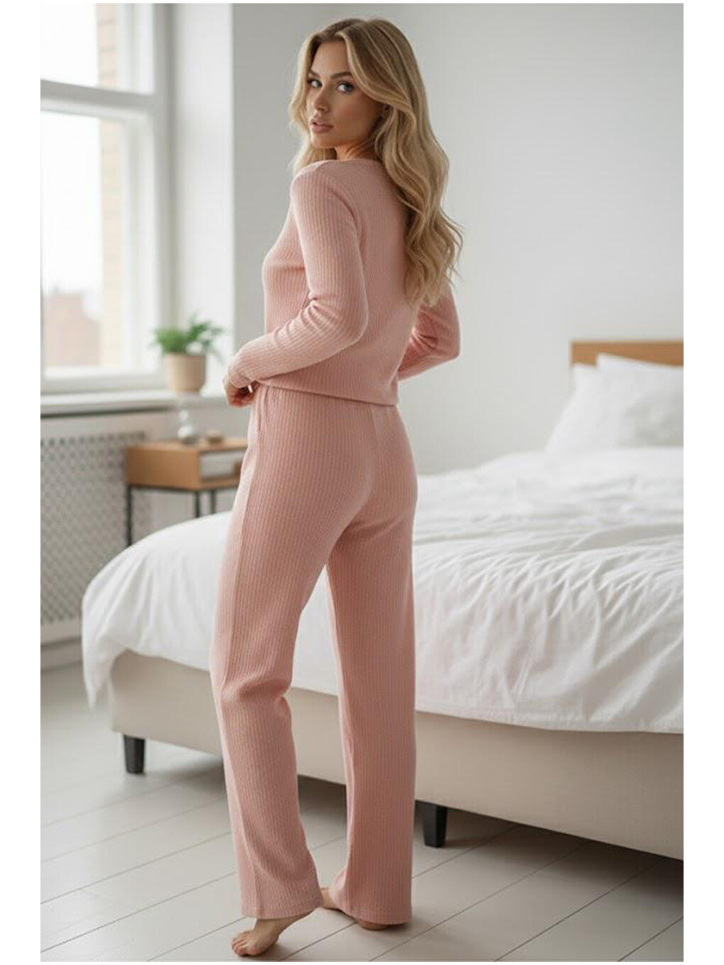 Pembe Somon Fırçalı Yumuşak Dokulu Fitilli Kaşkorse Örme Düğmeli Hırka Pijama Takım-1