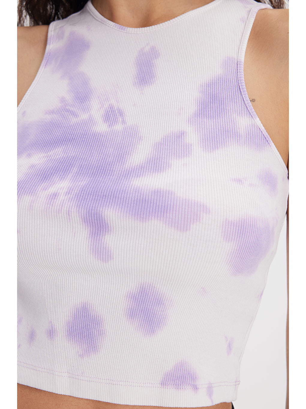 Kadın Slim Fit Dar Kesim %100 Pamuk Kolsuz Askılı Bisiklet Yaka Baskılı Lila Crop-5