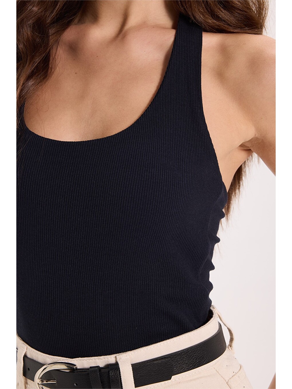 Kadın Slim Fit Dar Kesim Pamuklu Halter Yaka Kaşkorse Lacivert Crop-5