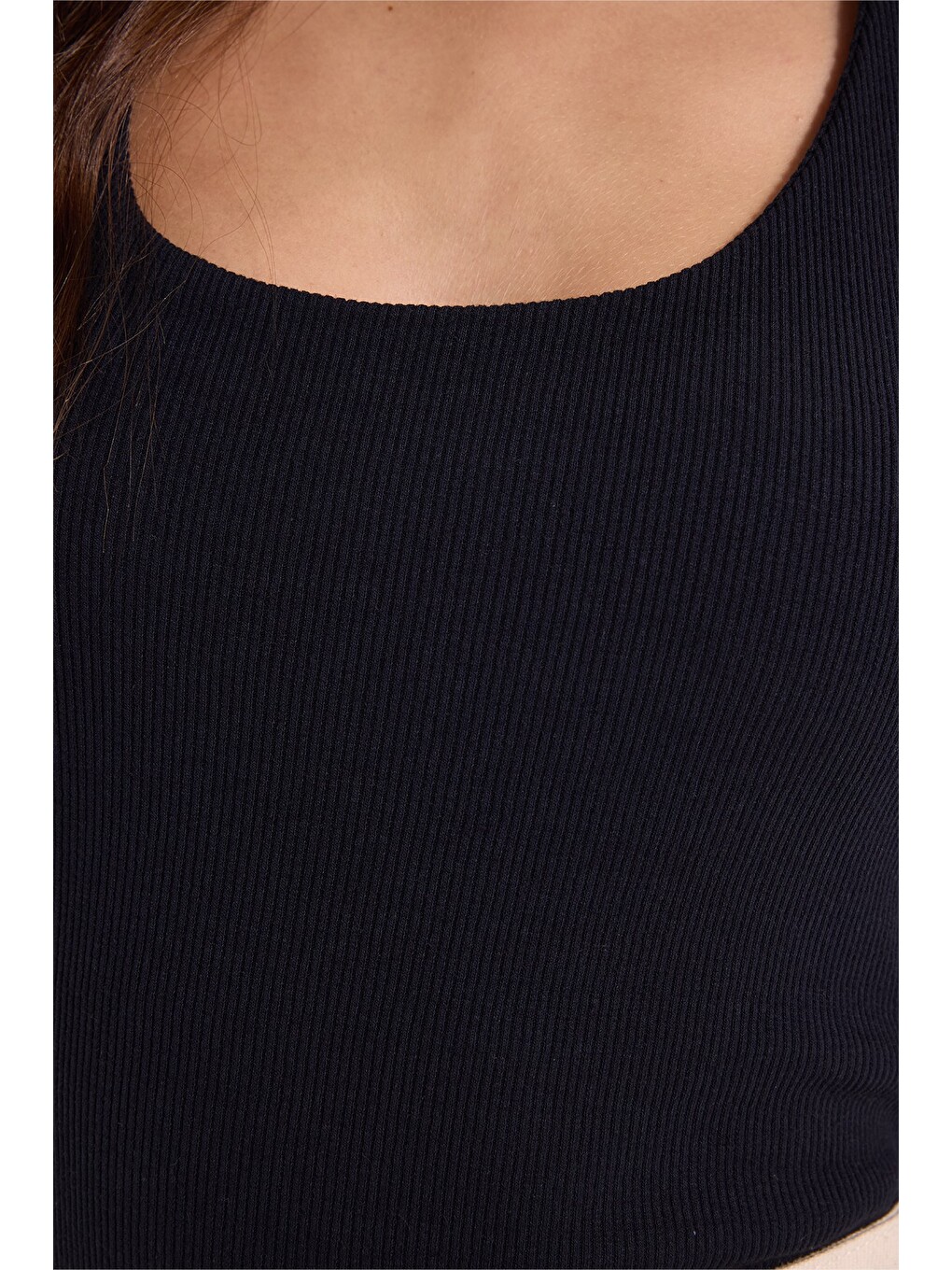 Kadın Slim Fit Dar Kesim Pamuklu Halter Yaka Kaşkorse Lacivert Crop-6
