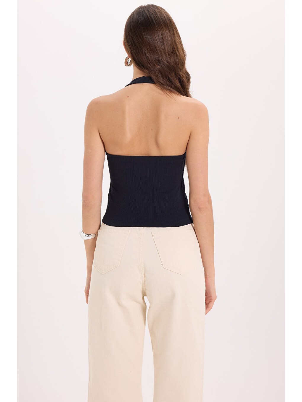 Kadın Slim Fit Dar Kesim Pamuklu Halter Yaka Kaşkorse Lacivert Crop-7