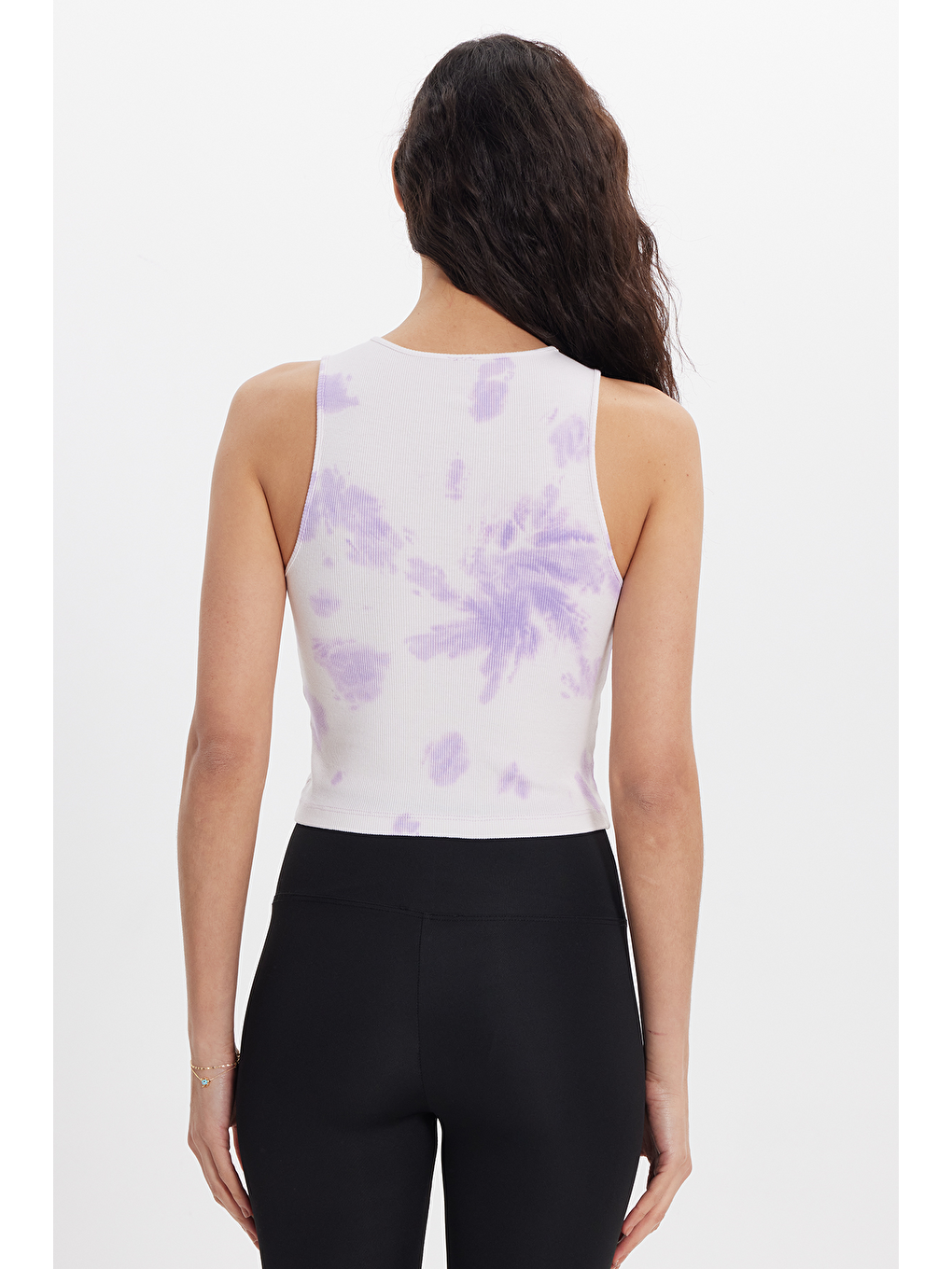 Kadın Slim Fit Dar Kesim %100 Pamuk Kolsuz Askılı Bisiklet Yaka Baskılı Lila Crop-6