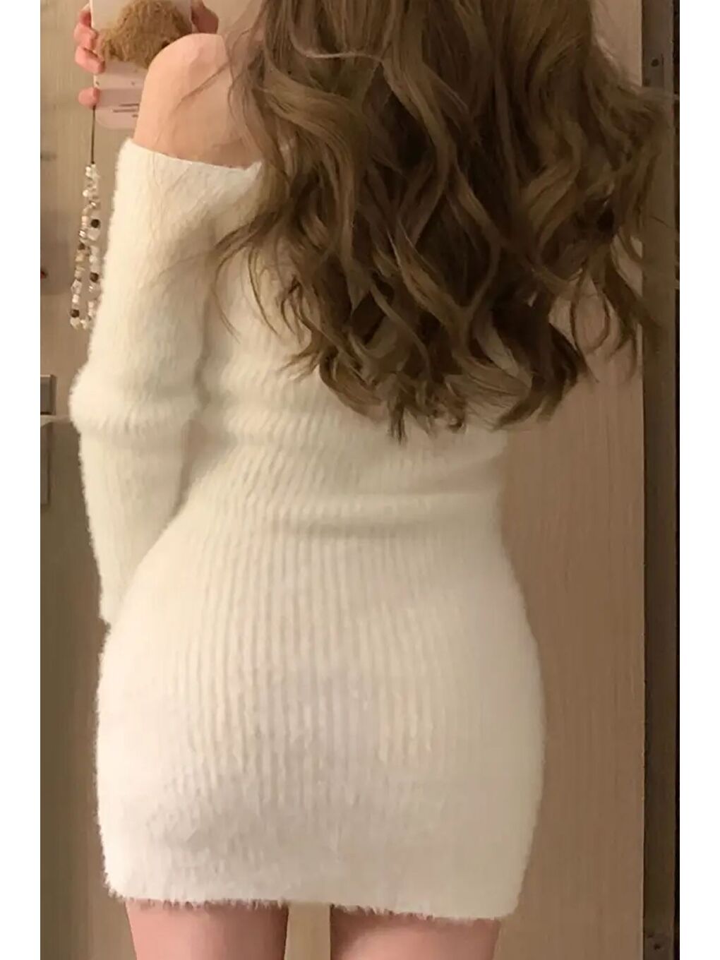 Ekru Tek Omuz Dekolteli Angora Kumaş Triko Elbise-7