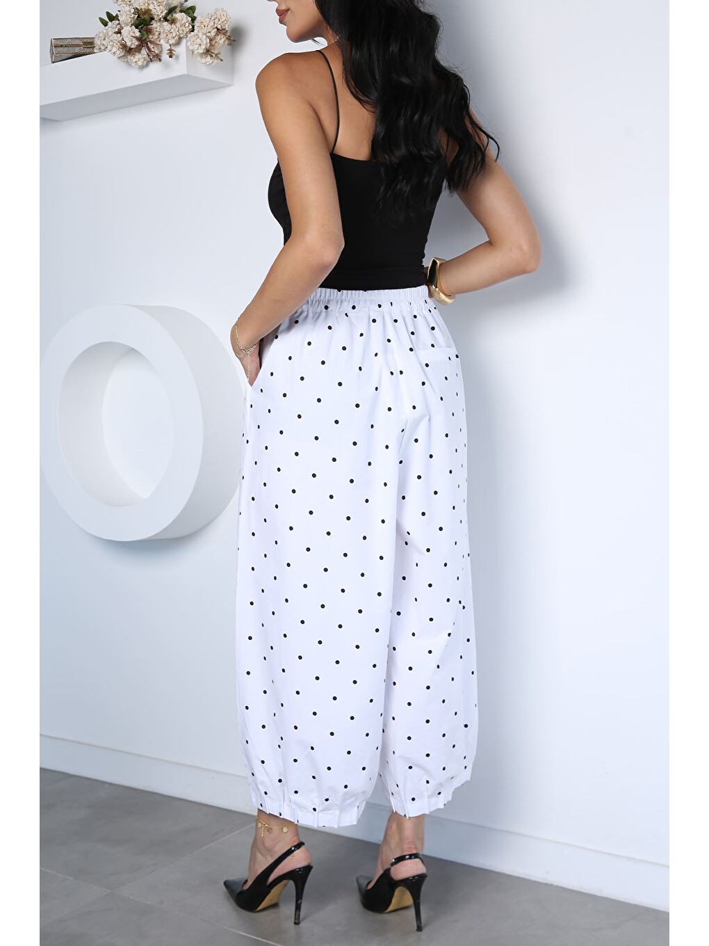 Beyaz Perry Kadın Bel Lastikli Puantiyeli Pileli Baggy Pantolon-4