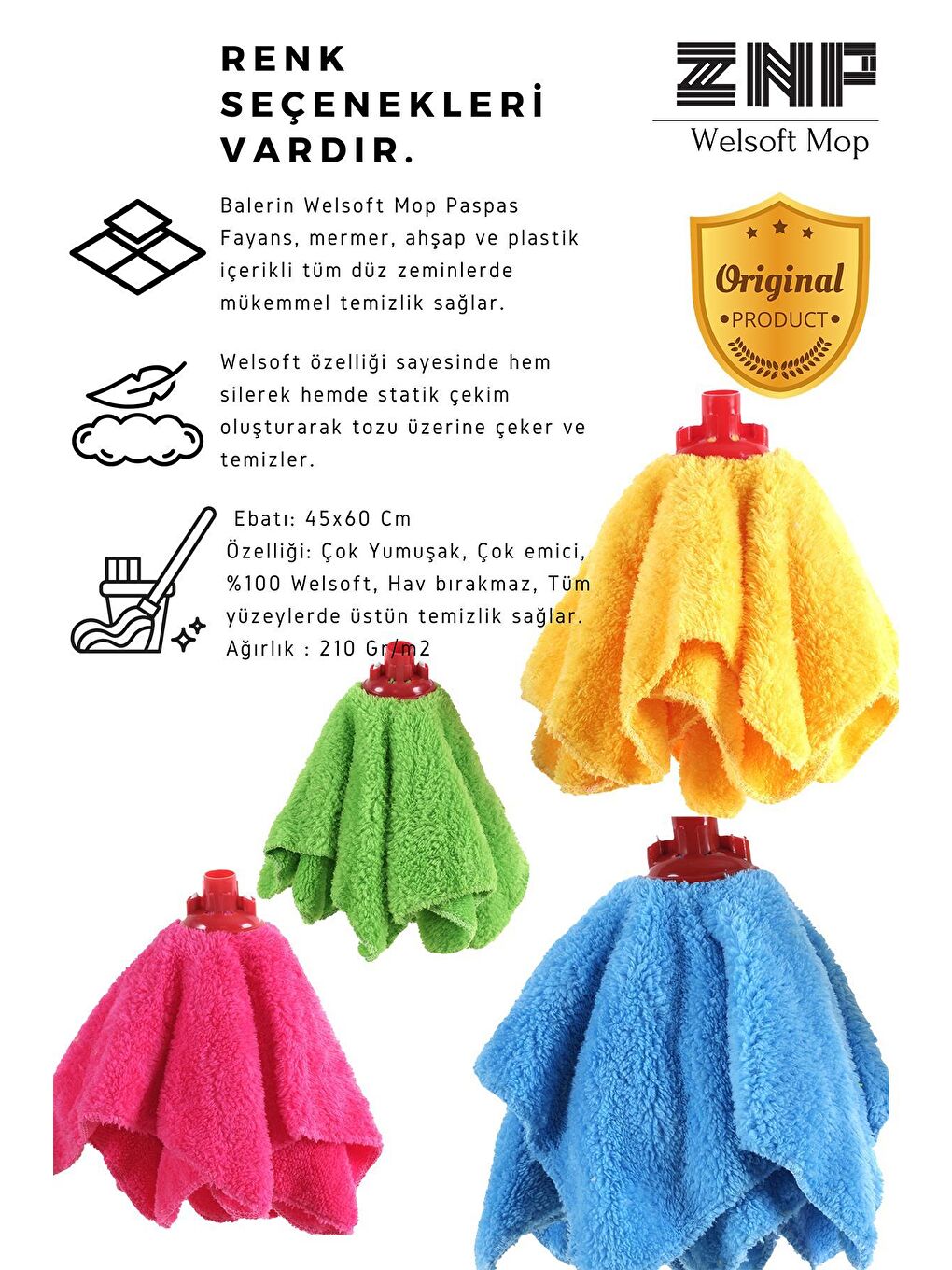 Znp Home Pembe Welsoft Balerin Mop Yedek Başlıklı 2 Adet Pembe Mop, Papas 45x60 - 2