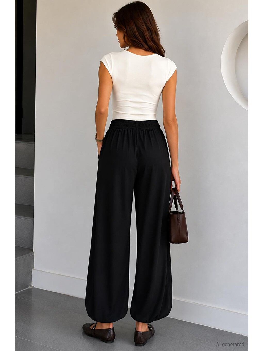 Siyah Kadın Bel Ve Paça Lastikli Şalvar Model Pantolon-1