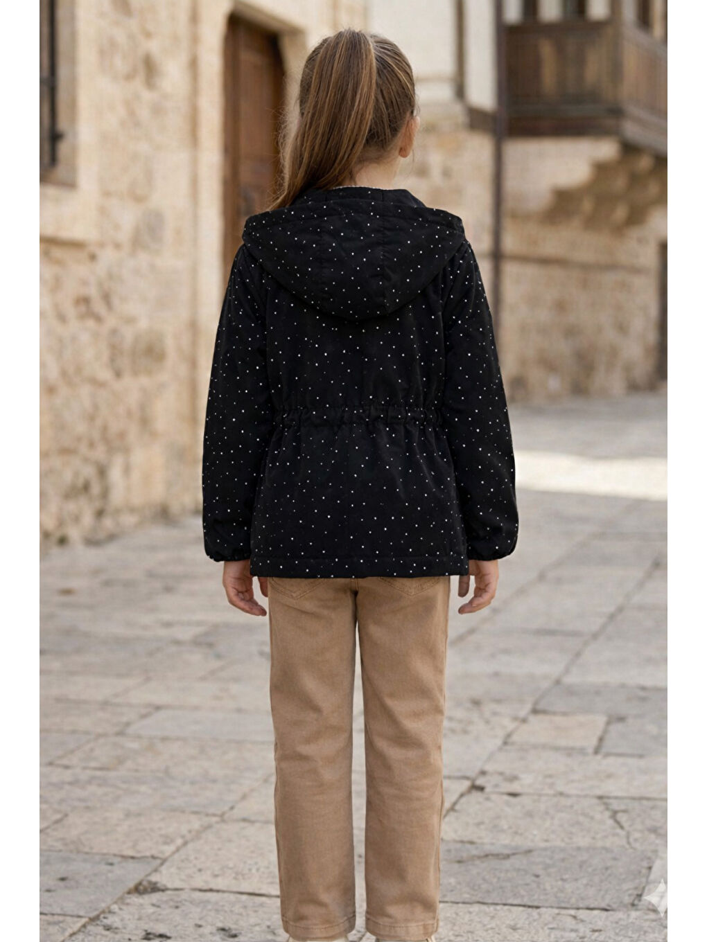 Siyah Kız Çocuk Nova Kumaşlı Taşlı Trençkotlu Penyeli Keten Pantolonlu Alt Üst Takım-2