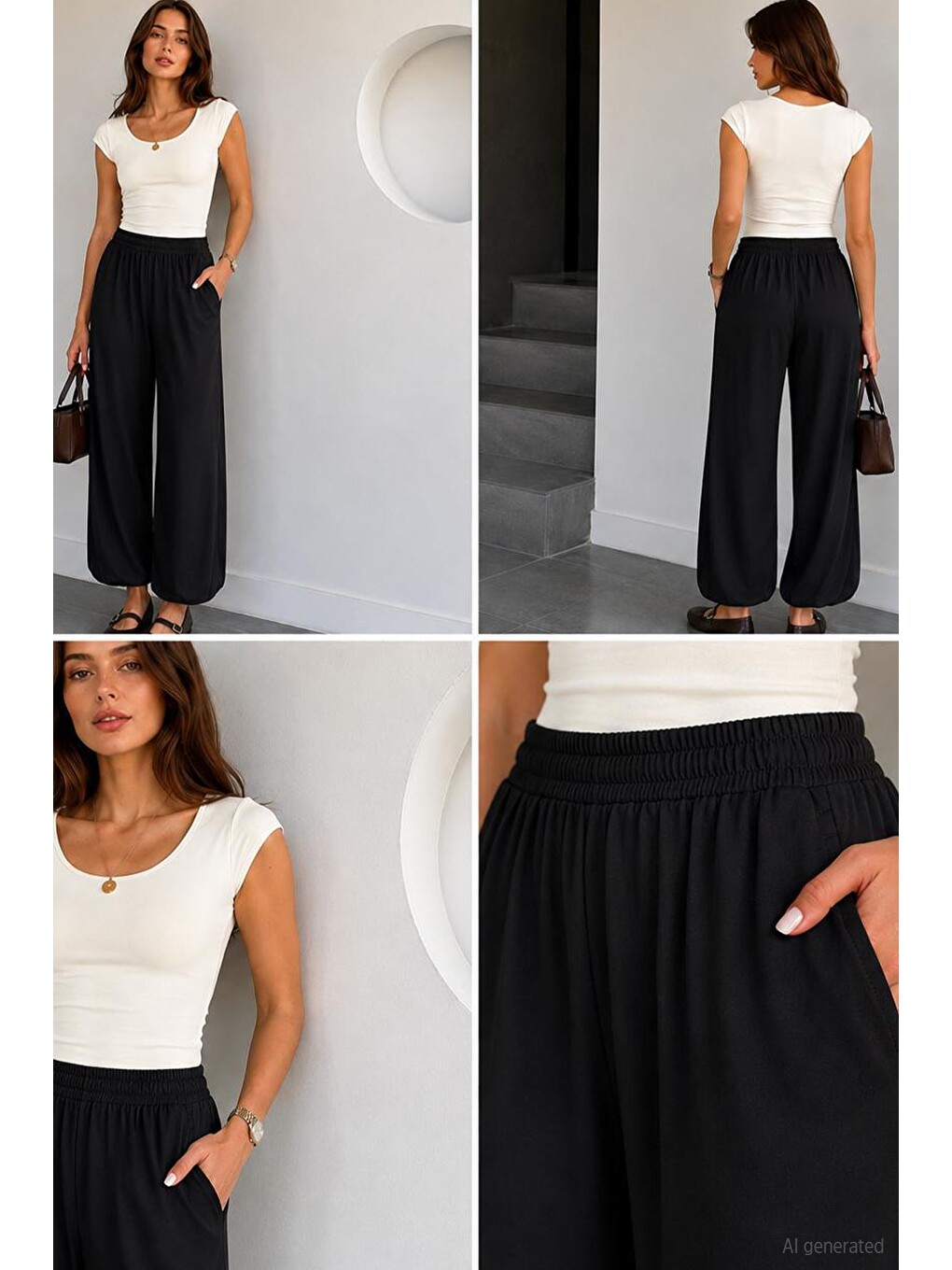 Siyah Kadın Bel Ve Paça Lastikli Şalvar Model Pantolon-2
