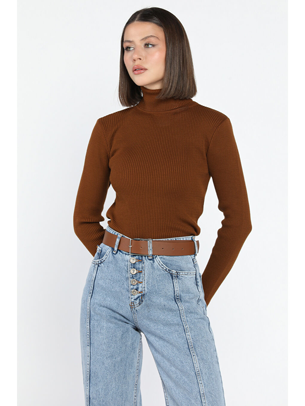 Kahverengi Kadın Tam Balıkçı Yaka Elastanlı Triko Bluz  s m l Beden Uyumludur