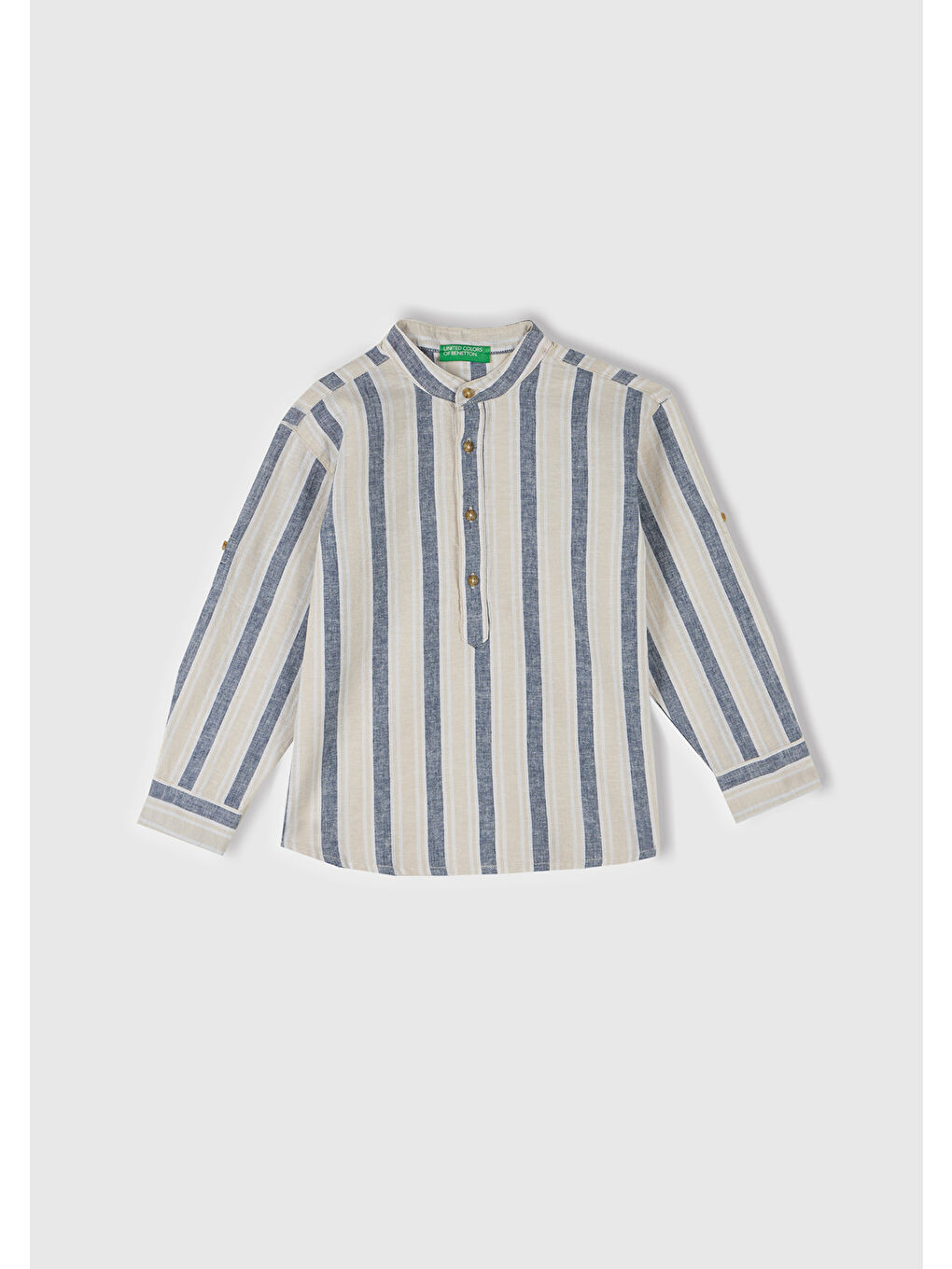 Erkek Çocuk Ekru-Mavi Keten Karışımlı Çizgili Hakim Yaka Gömlek