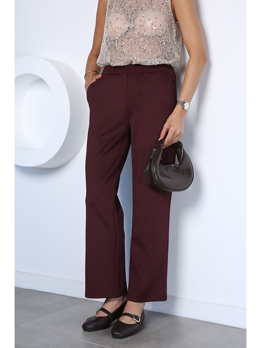 Bordo Kadın Trend Scuba Kumaş Pantolon