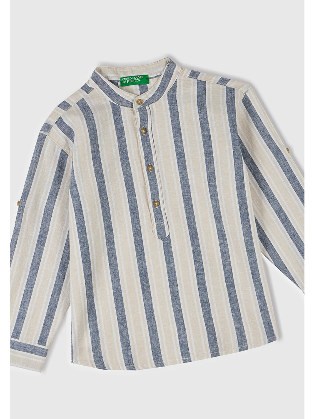 Erkek Çocuk Ekru-Mavi Keten Karışımlı Çizgili Hakim Yaka Gömlek-1