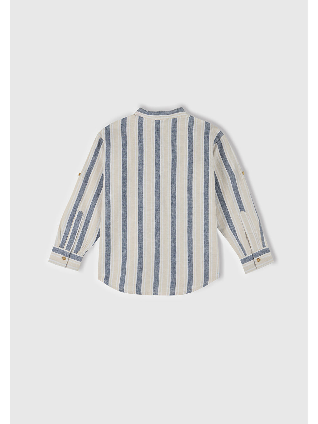 Erkek Çocuk Ekru-Mavi Keten Karışımlı Çizgili Hakim Yaka Gömlek-2